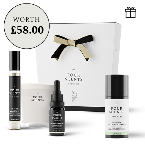 Spring Vitality 10ml Essential Oil Blend Vitality Travel 30ml Hand Moisturiser Spring Vitality 9cl Soy Traveller Candle and Spring Vitality 10ml Room Mist in Pretty Gift Box