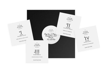 Blotter Kit Black Envelope With Four White Square Blotters Printed With Each Fragrance